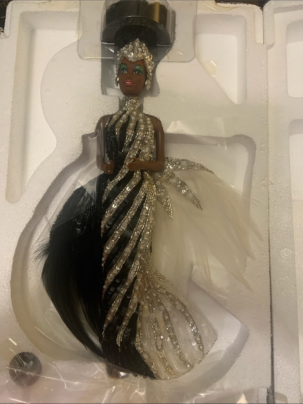 Bob Mackie Black and White Feathered Evening Gown Doll
